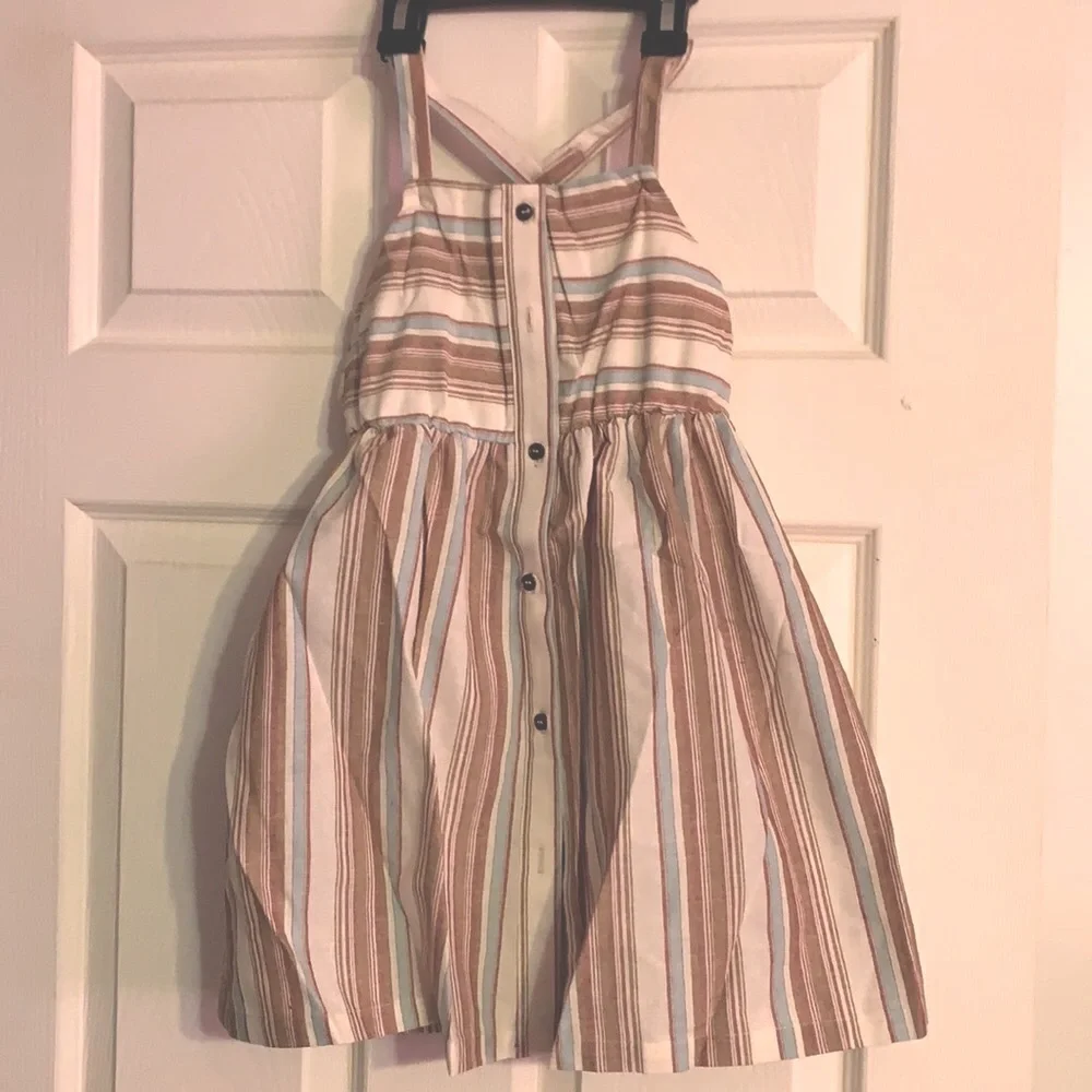 Cream Multicolor Stripe Crisscross Back Button Strap Dress NEW